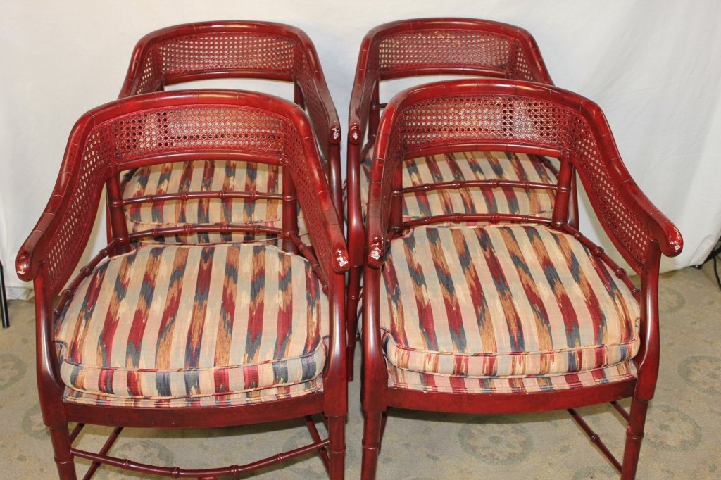 Four Red Lacquered Caned Chairs: Height 31.5 Inches Width 21 Inches Depth approximately 16 Inches