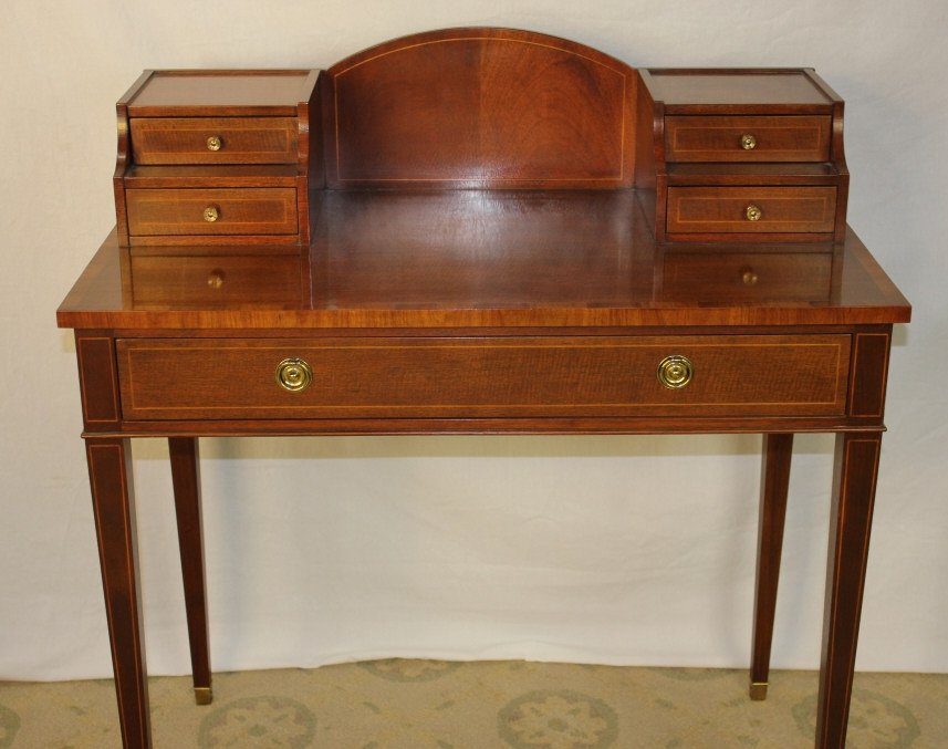 Baker Mahogany Inlaid Ladies Desk: Reproduction. For Laura Ashley Height 37.5 Inches Width 34 Inches Depth 19 Inches