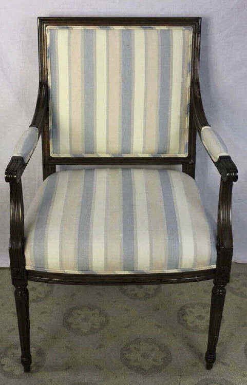 Regency Style Upholstered Open Armchair: Height 40 Inches Width 25 Inches Depth 23 Inches