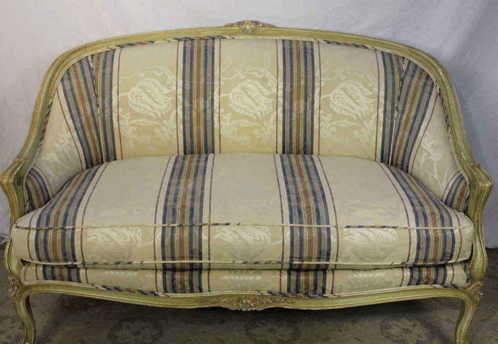 Pair Louis XV Style Upholstered Settees: Height 34 Inches Width 50 Inches Depth 15 Inches