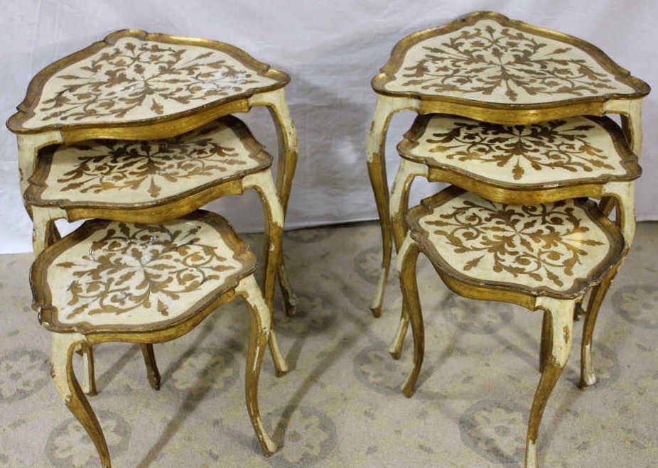 Hollywood Regency Inlaid Nesting Tables: Six in total. Height 24 Inches Width 22 Inches Depth 22 Inches.