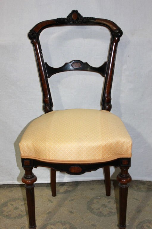 Antique Carved Side Chair with Burl Wood Inlay: Height 34 Inches Width 17 Inches Depth 17 Inches