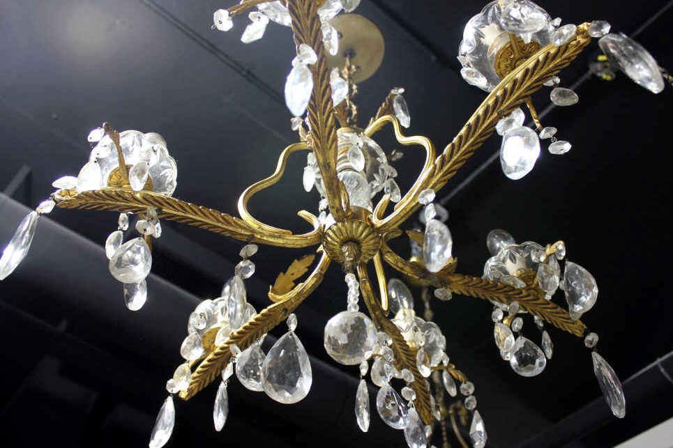 Gilt Metal and Crystal Chandelier: Height 28 Inches Width 18 Inches