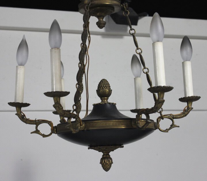 Bronze Empire Style Six-Light Chandelier: Width 20 inches Height 19 inches