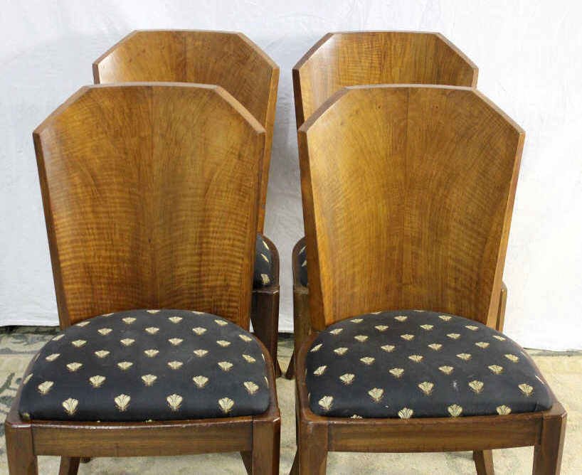 Four Art Deco Wooden Side Chairs: Height 35 Inches Width 18 Inches Depth 15 Inches exotic wood From a home in Irvington NY