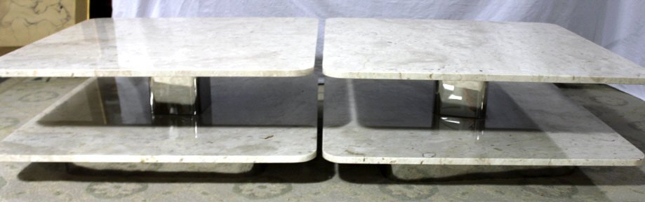 Pair of Two Tier Marble and Chrome End Tables: Height 14.5 Inches Width 36 Inches Depth 36 Inches