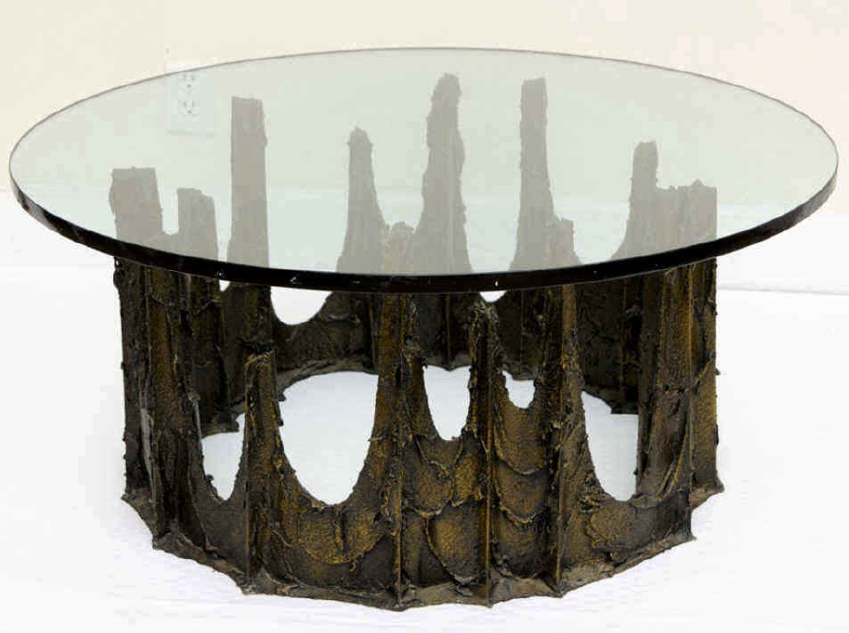 Paul Evans Bronze Sculpted Stalagmite Table: Signed Paul Evans Height 15 Inches Base Diameter 28 Inches Glass Top Diameter 42 Inches