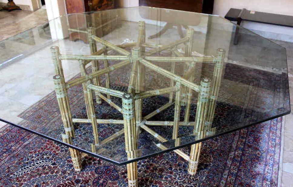 Maguire Octagonal Bamboo and Glass Table: Maguire Bamboo and Octagonal Glass Dining Table Excellent Condition Height 29 Inches Diameter 6 Feet