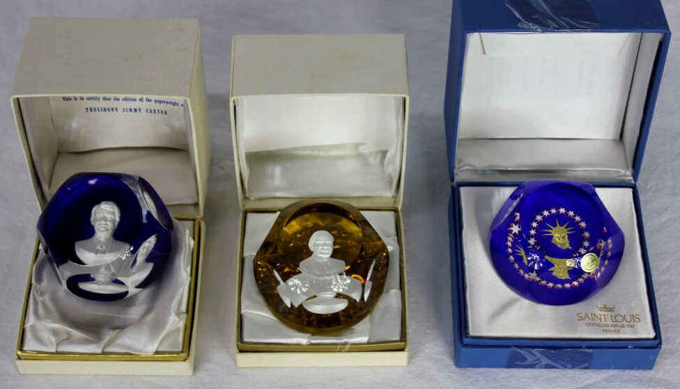 Three Saint Louis Crystal Paperweights: Sulfide portraits of Jimmy Carter, Lady Liberty, and Pope Jean Paul II Height 2 Inches Width 3 Inches