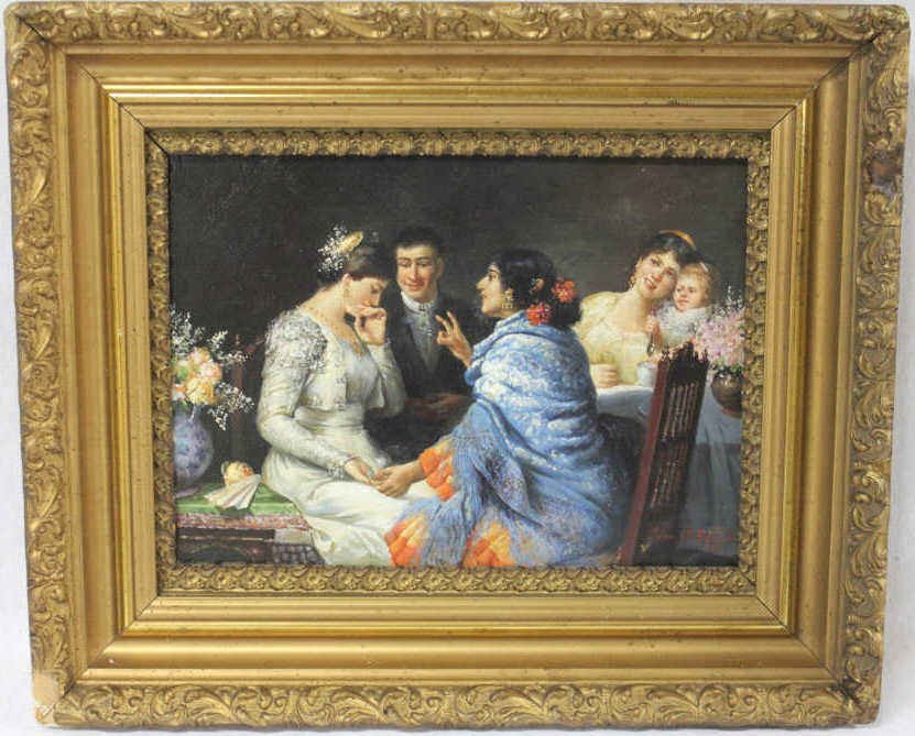 Spanish Interior Scene Signed Juan Ato By Gil: Oil on panel. Depicts elegantly dressed people sitting at a dinner table. Three women, a man, and a child. Length 9.5 Inches Width 13 Inches
