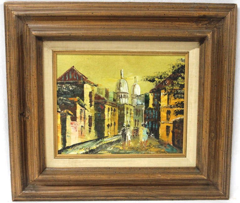 Small Street Scene Signed M. Matine: Groups of women walking down a road, church in the background. Height 8.5 Inches Width 10 Inches