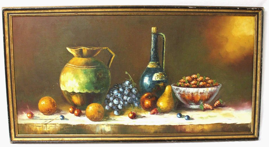 Still Life Fruits Signed Illegible, Oil on Canvas: Height 24 Inches Width 48 Inches Signature appears to read "San", the rest illegible