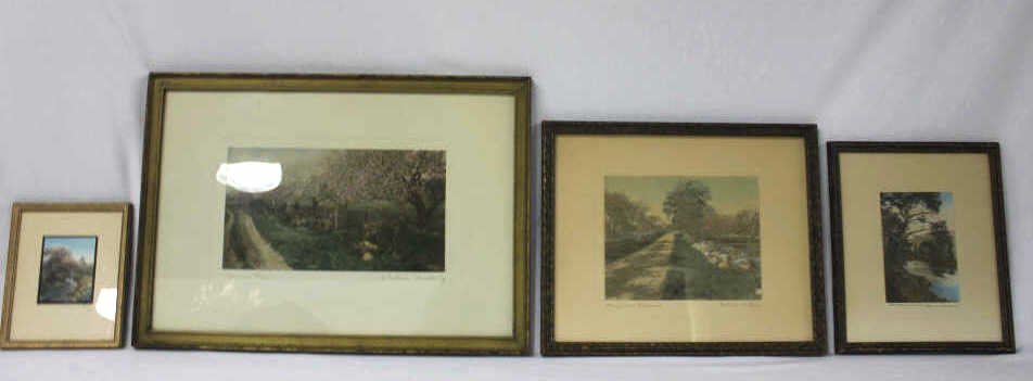 Four Wallace Nutting Hand Colored Photographs: Prints of nature scenes, streams, quaint roads. In varying sizes. Includes titles: "The Vale of Ocova", "Honeymoon Blossom", and "Bonnie May". Largest Height 17.5 inches Width 13.5 inches (not includi