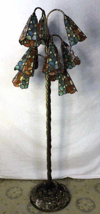 Ten Arm Bronze and Stained Glass Floor Lamp: Height approximately 5 Feet (60 Inches) Width of base 16 Inches