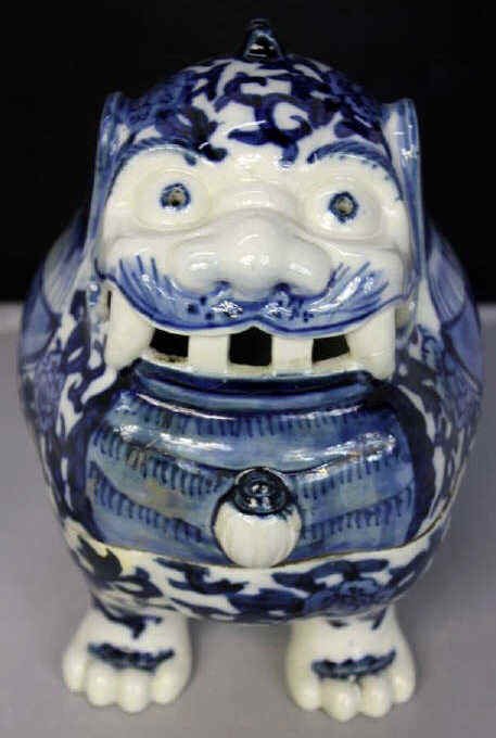 Chinese Blue and White Box in form of Lion: Height 10 Inches Width 9 Inches