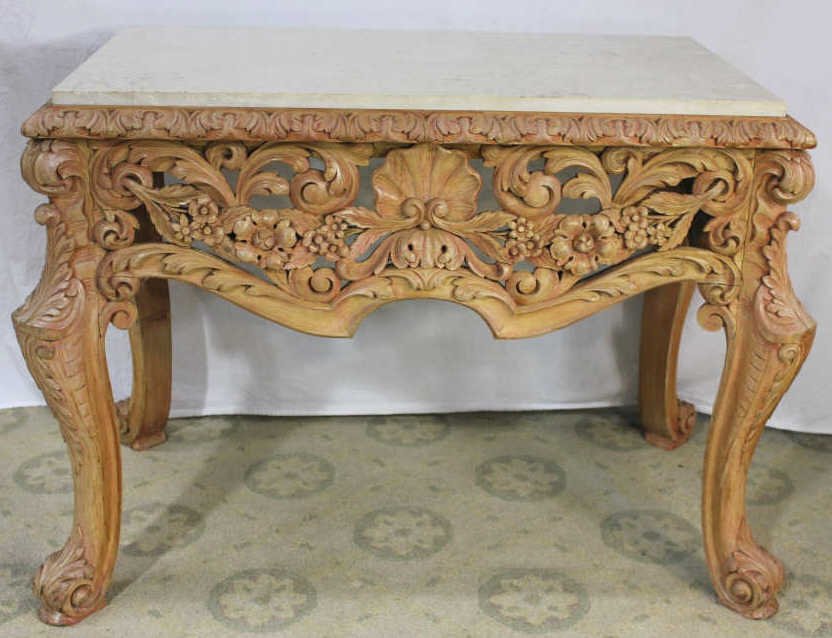 Intricately Carved Pine Table with Marble Top: Slight Patina Height 31 Inches Width 41 Inches Depth 23 Inches