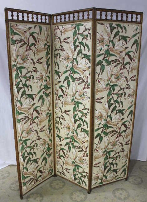 Three Panel Upholstered Screen, Floral Motif: Height 65 Inches Width 58 Inches Each panel 18 Inches