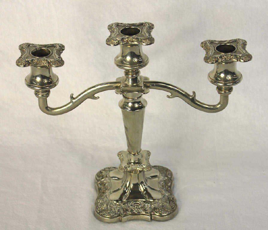 Silver Plate Three-Arm Candelabra: Height 10 Inches Width 11 Inches Depth 4.5 Inches