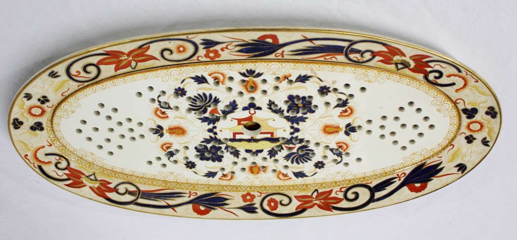 Two Piece Porcelain Chinese Platter and Drain: Painted platter and drain placed on top. Length 22.5 Inches Width 11.5 Inches