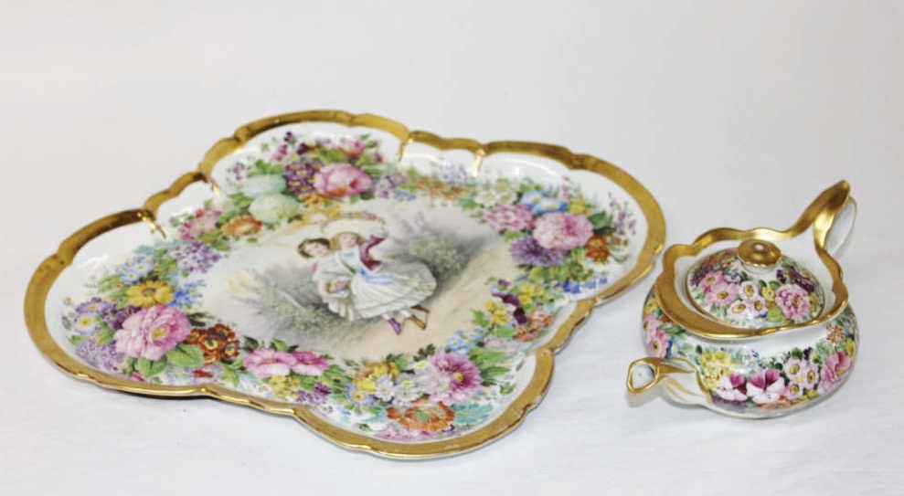 Hand-Painted Porcelain Teapot and Serving Platter: czechoslovakian .pottery Hand Painted {latter 16 Inches by 18.5 Inches Tea pot Height 5 Inches Length 9 Inches
