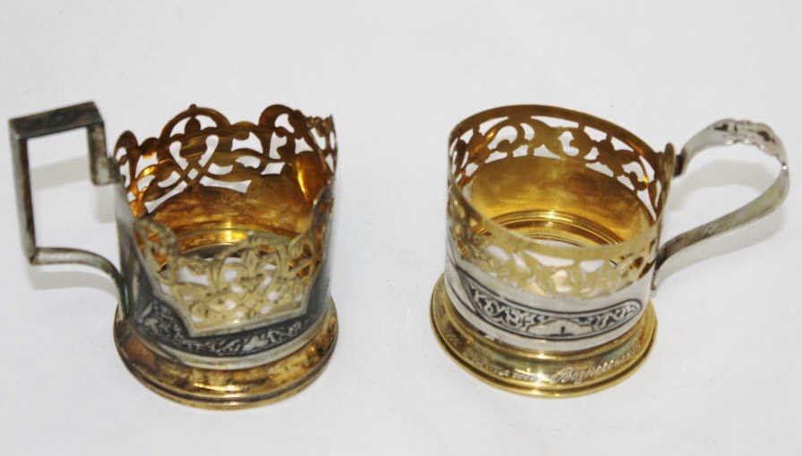 Two Russian Silver Niello Tea Glass Holders: Height 4 Inches 3.50 Inches Width 4 Inches each approx 4 troy oz