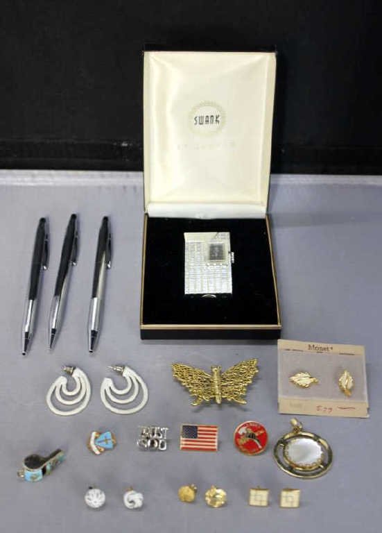 Misc. Group of Costume Jewelry, Lighter & Pens: 3 Cross Pens. Swank Lighter. Lighter in original Box