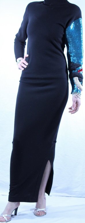 Gianfranco Ferre Black Long Sleeve Evening Gown: Left sleeve beaded and embroidered with bold design. Size 6.