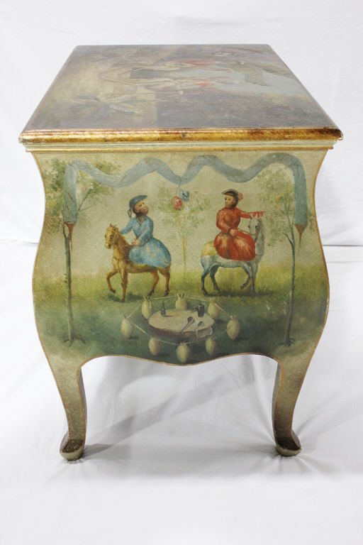 Louis XV Style Commode with Painted Monkey Scenes: Four drawers, two on either side. Painted with indoor scenes of monkeys. Height 28 Inches Width 31 Inches Depth 20 Inches
