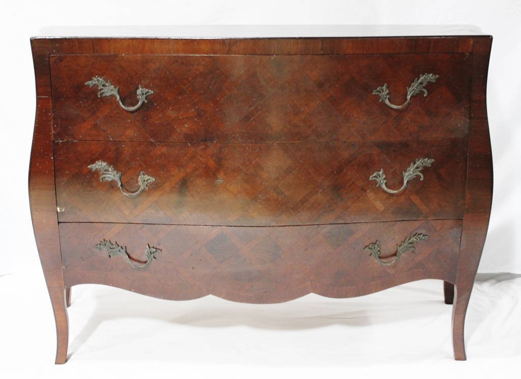 Italian Parquetry Bombay Commode: Three drawers. Height 33 Inches Width 47 Inches Depth 17 Inches