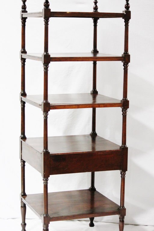 Five Shelf Etagere with One Drawer: Drawer with key. Height 64 Inches Width 22 Inches Depth 22 Inches