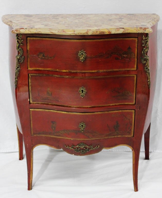 Louis XV Style Marble Top Chinoiserie Commode: Circa 1870. Height 32 Inches Width 31 Inches Depth 16.5 Inches Bronze mounts on legs