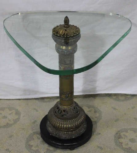 Glass and Brass Antique Cloisonne Occasional Table: Height 21 Inches Width 21 Inches Depth 20 Inches Unique Bronze and Cloisonne Base