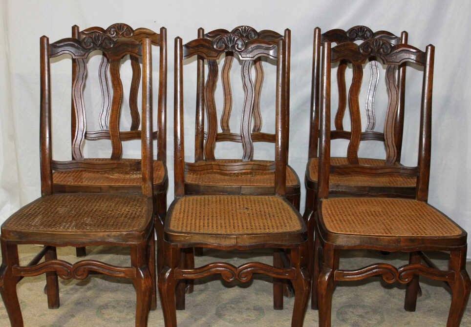 Six Caned Country French Side Chairs: Some need repair. Height 37 Inches Width 15.5 Inches Depth 15 Inches