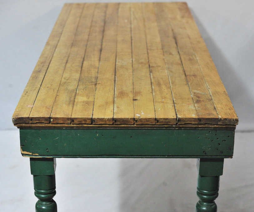 Green Painted Country French Farm Dining Table: With unpainted slats on top and green painted frame. Height 29 Inches Width approximately 70 Inches Depth 25 Inches