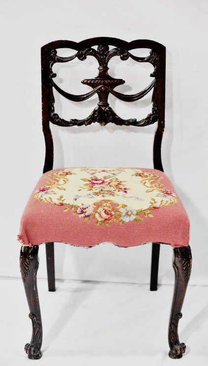 Mahogany Side Chair with Needlepoint Seat Cushion: Cabriole leg and clawfoot. Height 33.5 Inches Width 18 Inches Depth 16 Inches