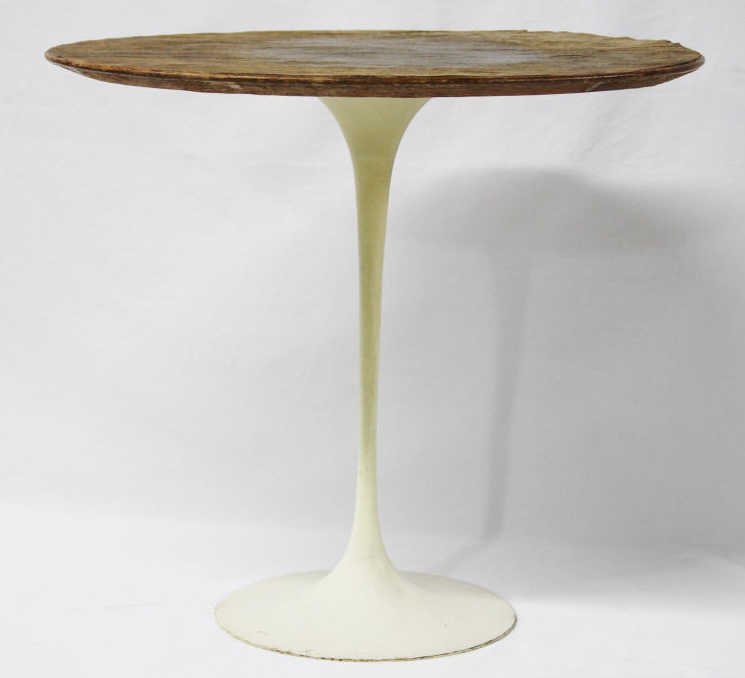 Knoll Oval Wood Top Tulip Side Table: With original Knoll label on underside. Surface of wood is slightly worn. Height 20.5 Inches Width 22.5 Depth 15.5