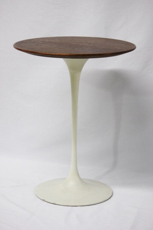Knoll Circular Wood Top Tulip Table: With original Knoll label on underside. Height 20 Inches. Diameter 16 Inches