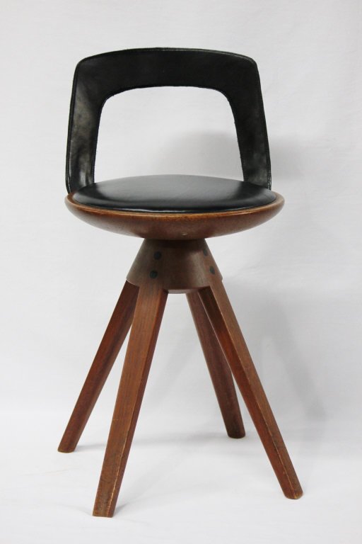 Thorald Madsens Snedkeri Wood and Leather Stool: With back rest. Teak and leather. Thorald Madsens Snedkeri Kobenvan. Copenhagen, Denmark. Height 25 Inches Diameter of seat 13 Inches.