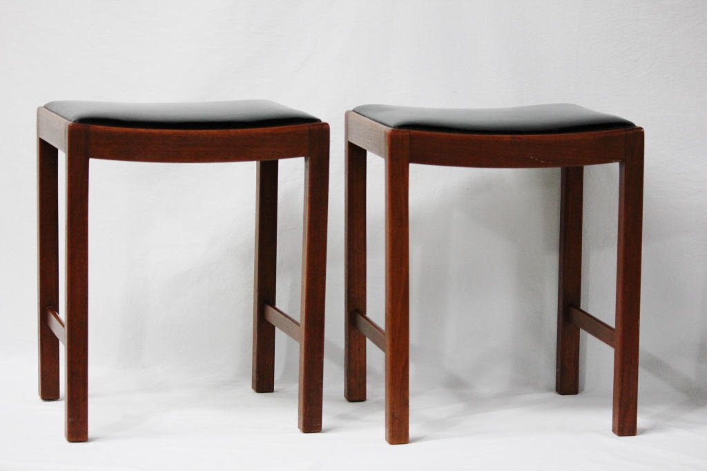 Two Danish Modern Leather Top Stools: No labels. Some writing on underside of seat. Height 19 Inches Width 16 Inches Depth 13.5 Inches