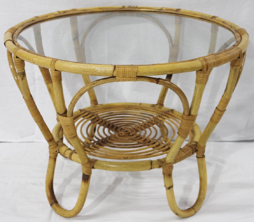 Circular Bamboo Table with Glass Top: Height 23.5 Inches Diameter of top 31.5 Inches