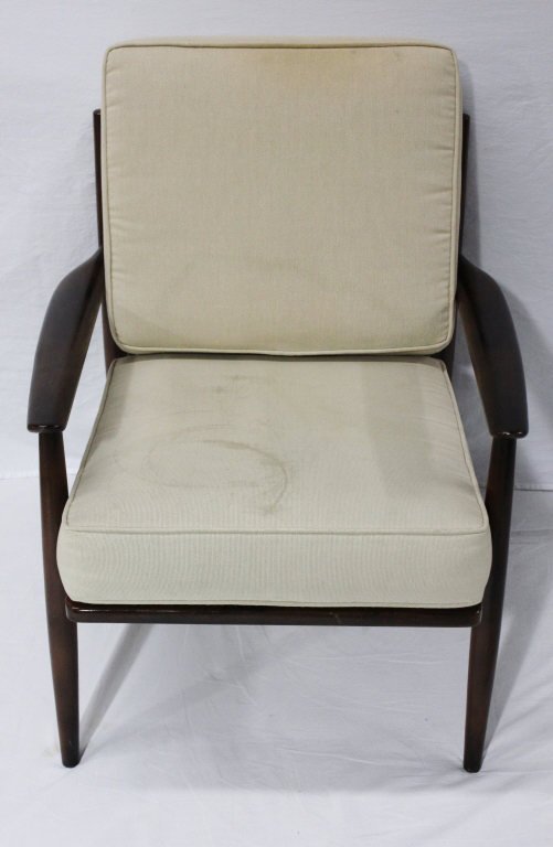 Mid-Century Teak Armchair w Upholstered Cushions: Height 29 Inches Width 25 Inches Depth 30 Inches needs cleaning