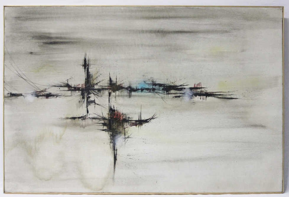 Oil on Canvas "Costruzioni Nello Spazio" Sinisca: Signed lower left, faded. Sinisca, born in Naples 1929. Label on back, including title and artist's name. Height 31 Inches Width 47 Inches