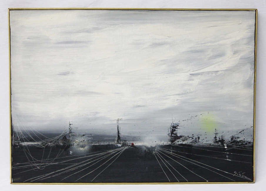 Acrylic Painting "Paesaggio Perroviario" Sinisca: Acrylic on canvas, signed lower right. Label on back, including title and artist's name. Height 20 Inches Width 27.5 Inches