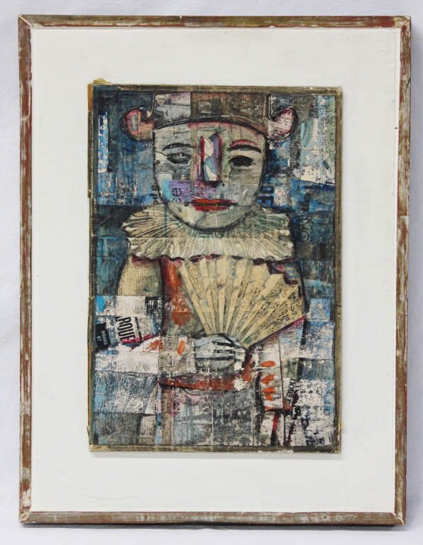 Mixed Media "Harlequin con Abanico" Luis Solari: Mixed media collage on board. Labeled on back of frame. Height 14 Inches Width 9 Inches