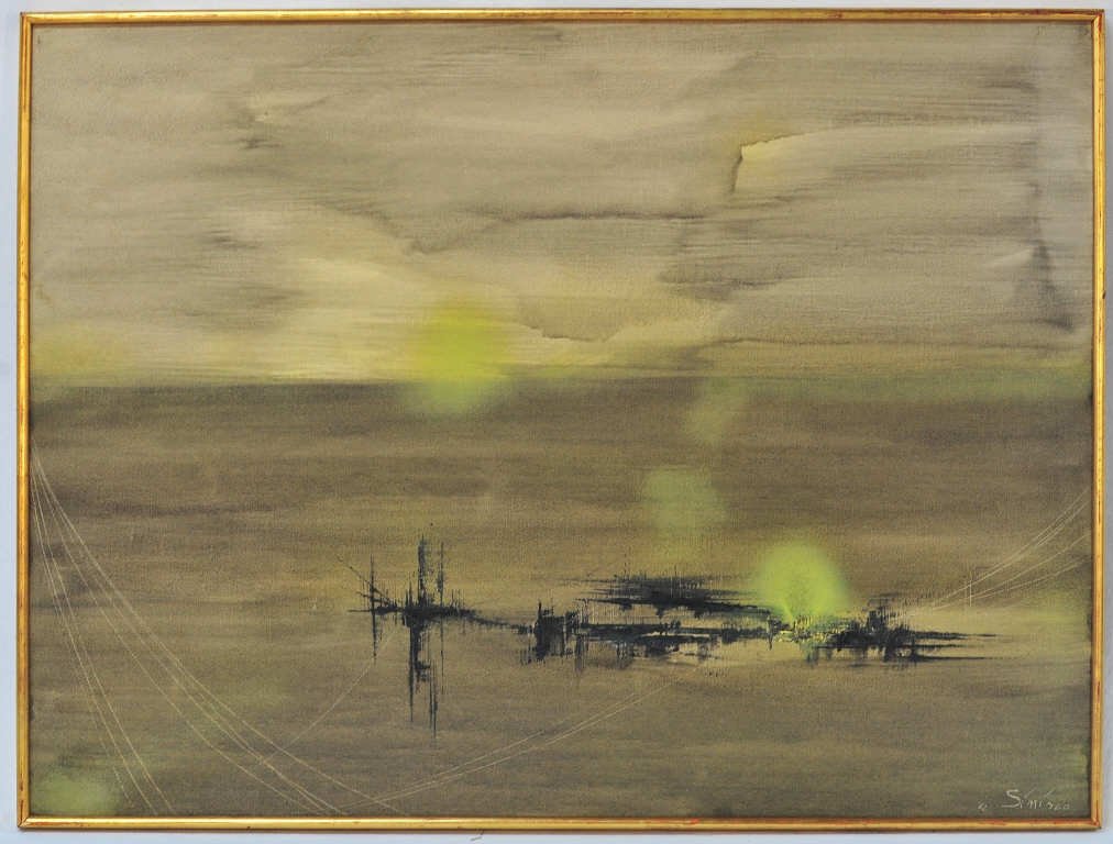 Oil on Canvas Composition I Signed Sinisca: Signed lower right. Height 24 Inches Width 31.5 Inches