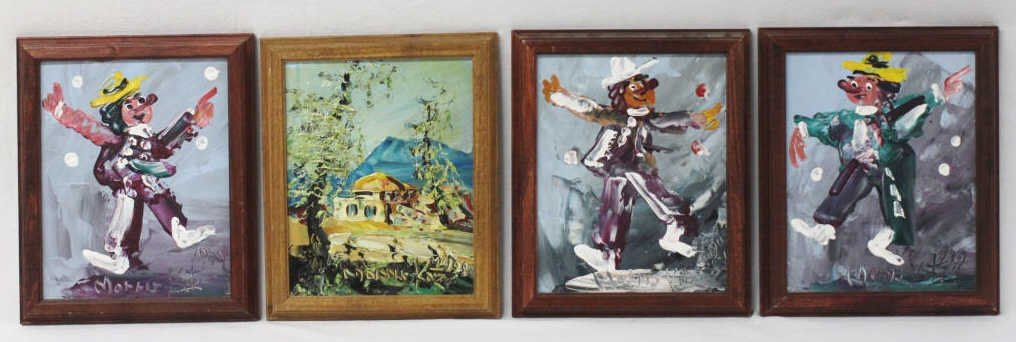 Four Morris Katz Framed Acrylic Paintings: Three from clown series, and one landscape. All Height 10 Inches Width 7.5 Inches