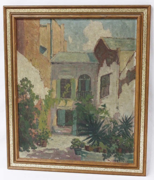 Oil on Canvas of Courtyard Signed PL Hohnstedt: Height 16.5 Inches Width 13.5 Inches Depicts a courtyard of a house or apartment, framed with plants. From an estate in Mamaroneck, NY