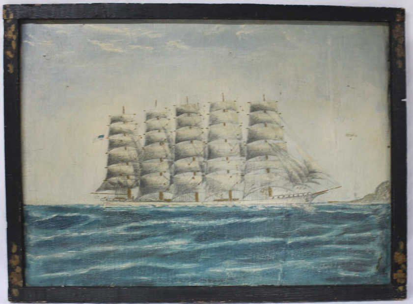 Painting of Fully Rigged Ship, Oil on Board: Height 37 Inches Width 50 Inches Five mast fully rigged ship at sea