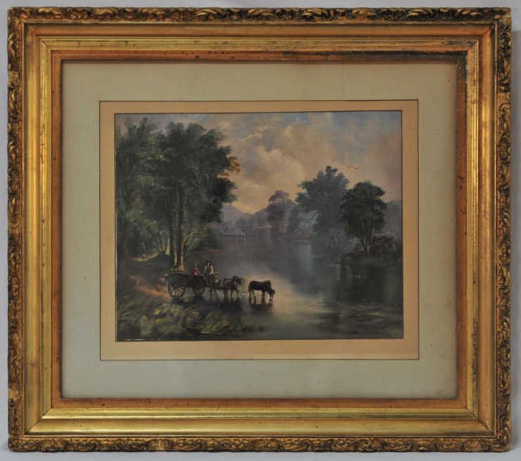 Watercolor on Paper of River Landscape: Depicting a group of people with horses and carriage, in a tree-lined river landscape. Height 12 Inches Width 15 Inches