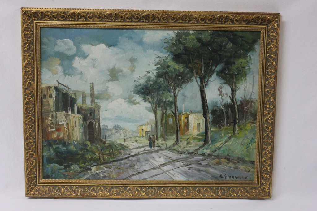 Acrylic on Canvas Rural Scene Signed A. Giornello: Depicts a couple walking together, surrounded by architecture and trees. Height 19 Inches Width 27 Inches